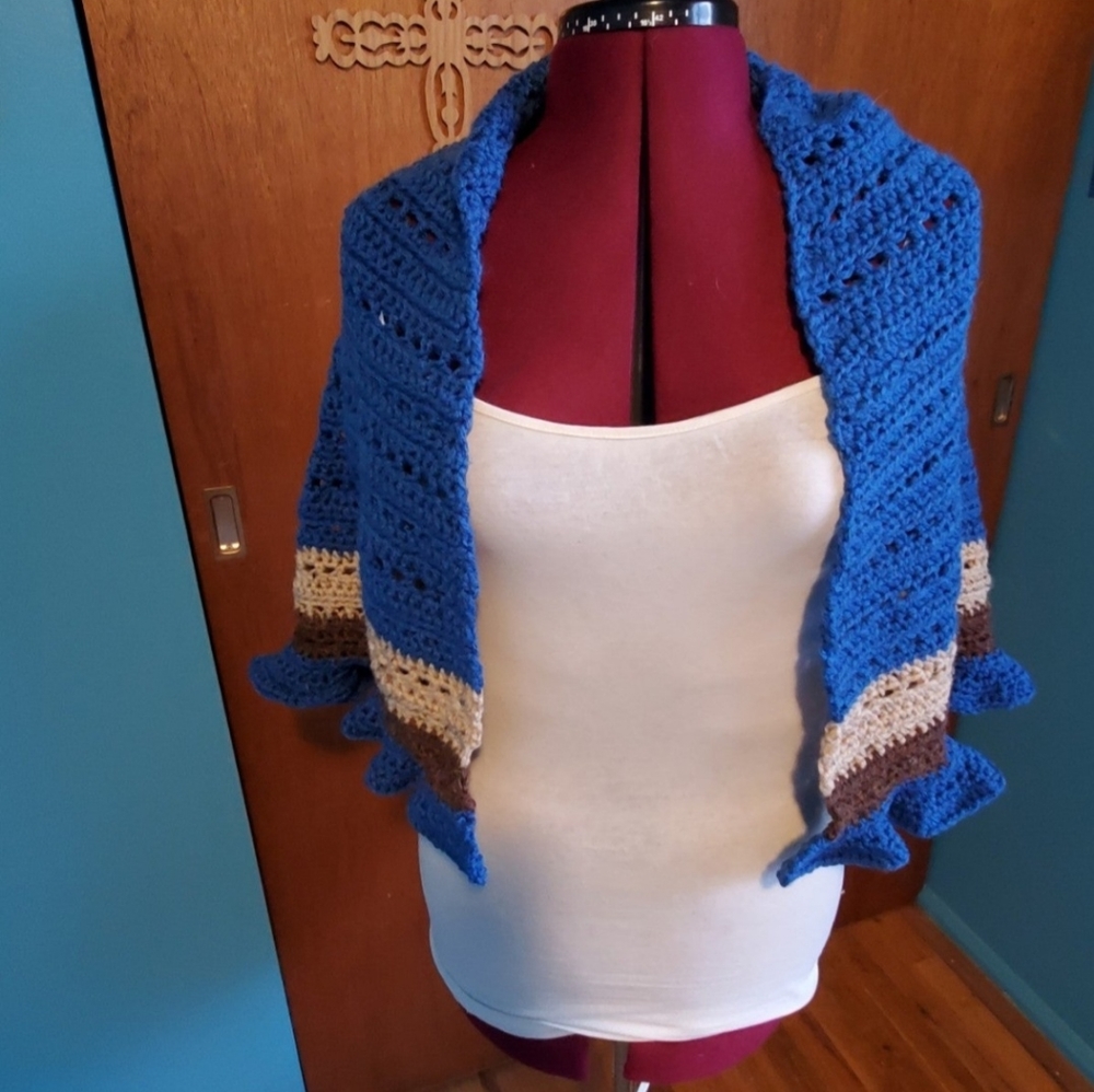 Handmade shawl, ruffle edge, blue and bown